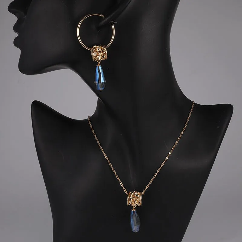 Multi-color Crystal Pendant Necklaces and Earrings Jewelry Sets