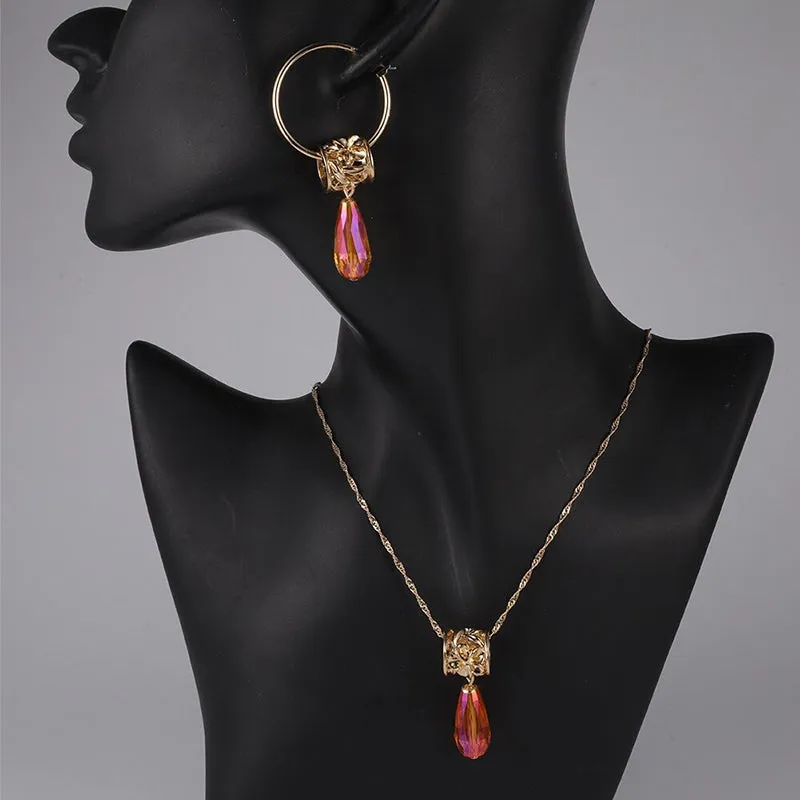 Multi-color Crystal Pendant Necklaces and Earrings Jewelry Sets