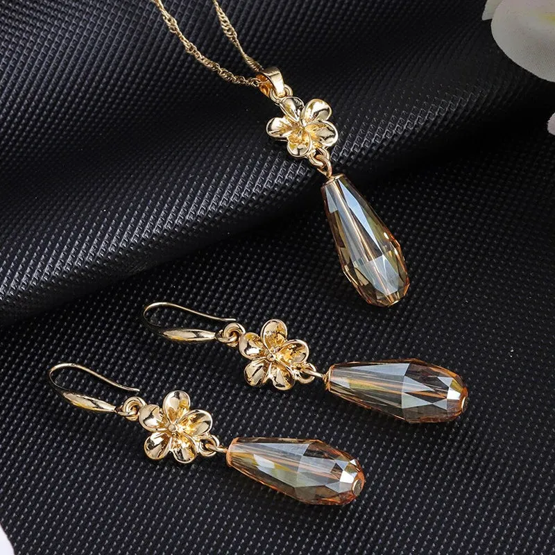 Multi-color Crystal Pendant Necklaces and Earrings Jewelry Sets