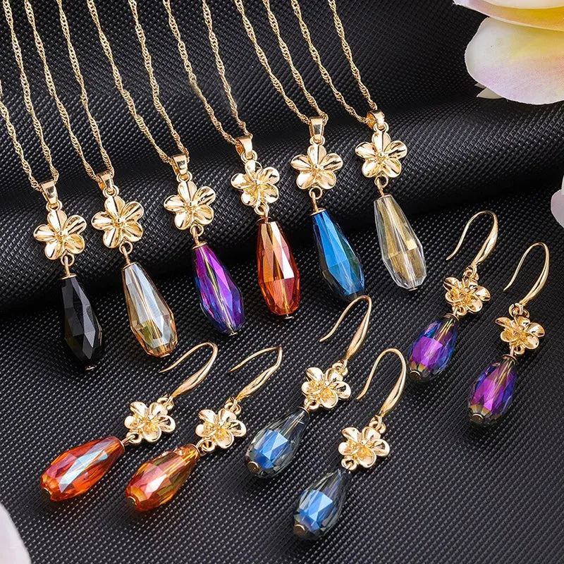 Multi-color Crystal Pendant Necklaces and Earrings Jewelry Sets