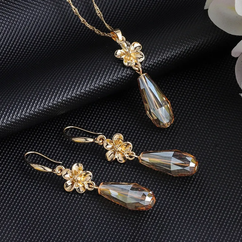 Multi-color Crystal Pendant Necklaces and Earrings Jewelry Sets