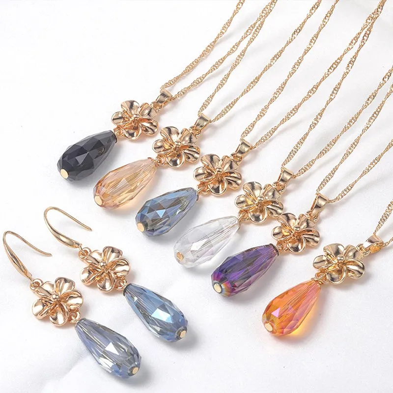 Multi-color Crystal Pendant Necklaces and Earrings Jewelry Sets