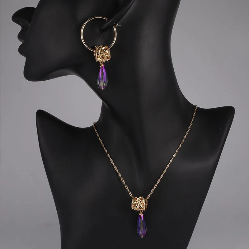 Multi-color Crystal Pendant Necklaces and Earrings Jewelry Sets