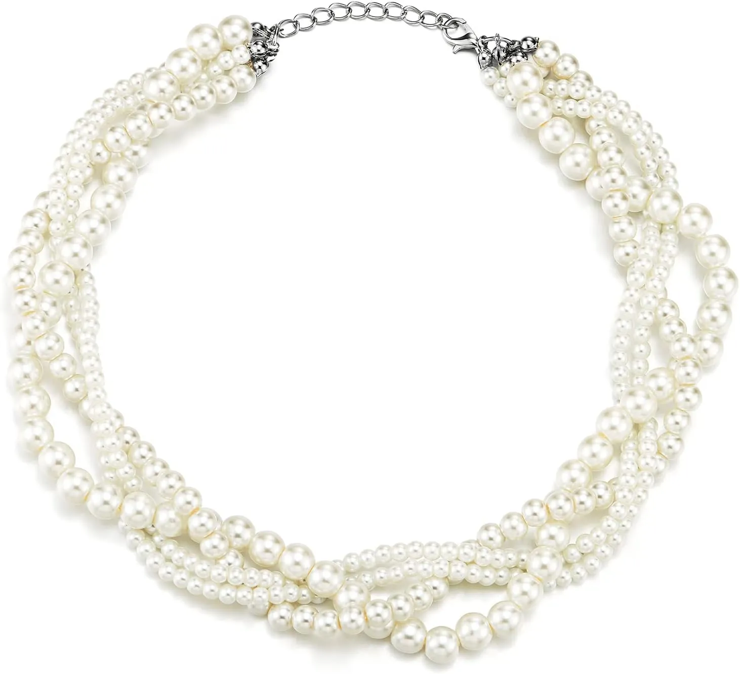 Multi-Layer Braided White Pearl Statement Necklace Chains Choker Collar