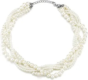 Multi-Layer Braided White Pearl Statement Necklace Chains Choker Collar