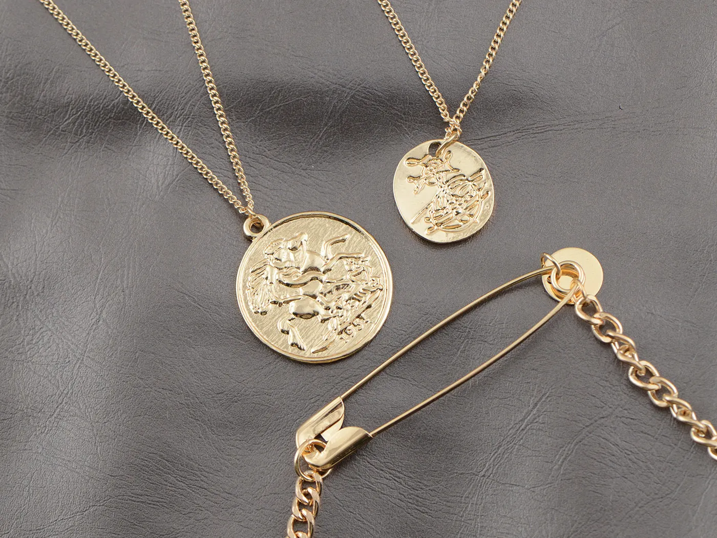 Multi Layered Dangling Safety Pin Coin Pendant Medallion Boho Charms Necklace