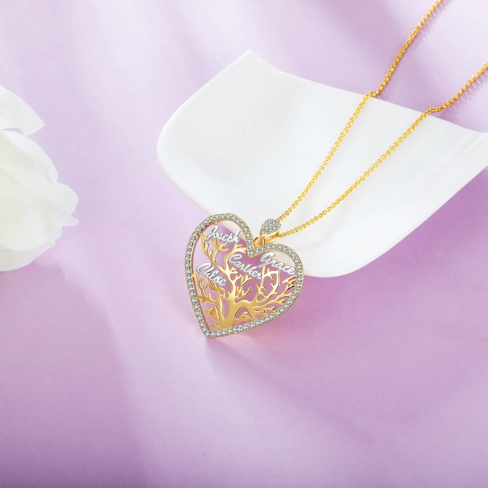 Multi-name Mixed Color Heart Necklace Family Tree of Life Nameplate Pendant
