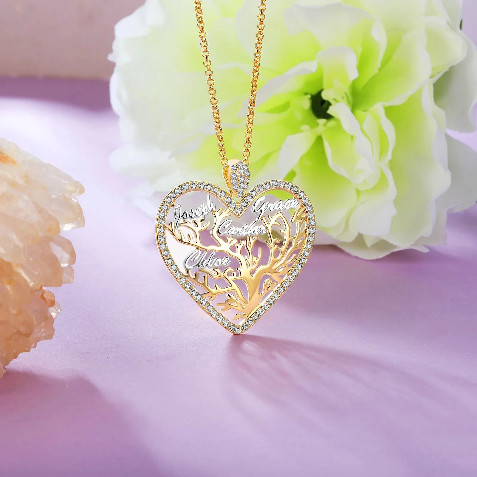 Multi-name Mixed Color Heart Necklace Family Tree of Life Nameplate Pendant