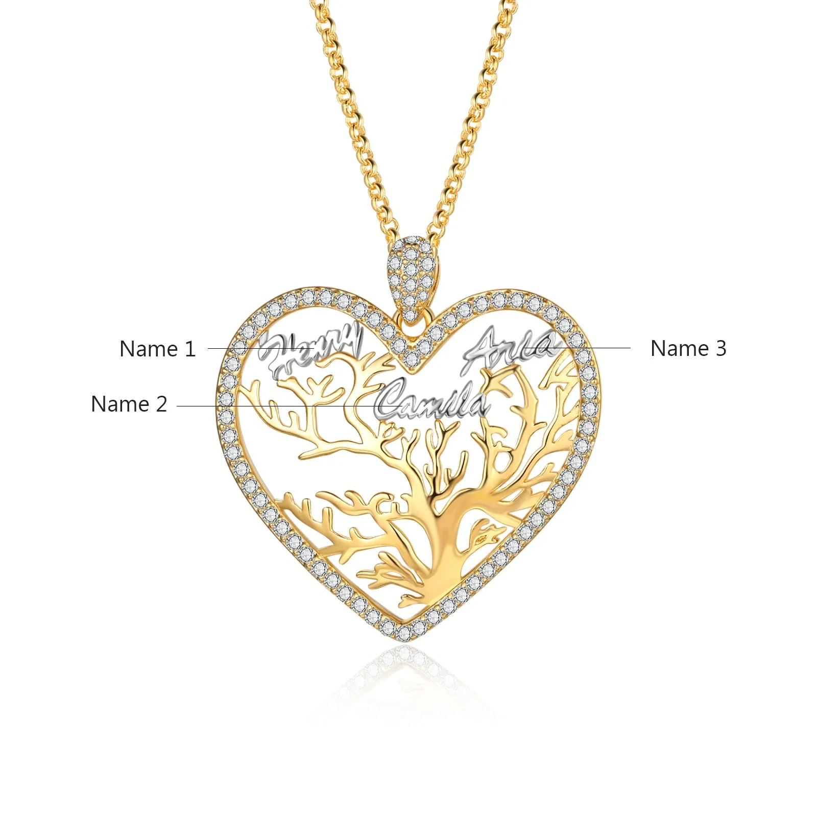 Multi-name Mixed Color Heart Necklace Family Tree of Life Nameplate Pendant