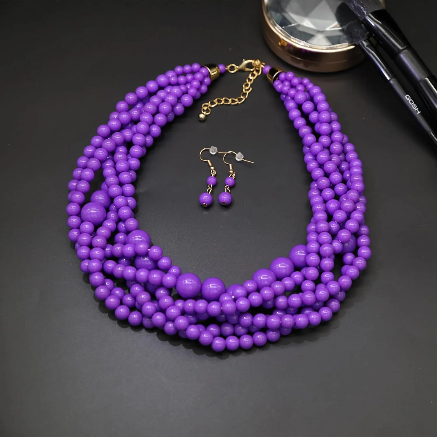 Multi Strand Twisted Beaded Bib Necklace Collar Chunky Beads Bubble Pearl Statement Necklace Costume Jewelry Set for Women