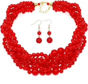 Multi Strand Twisted Beaded Bib Necklace Collar Chunky Beads Bubble Pearl Statement Necklace Costume Jewelry Set for Women