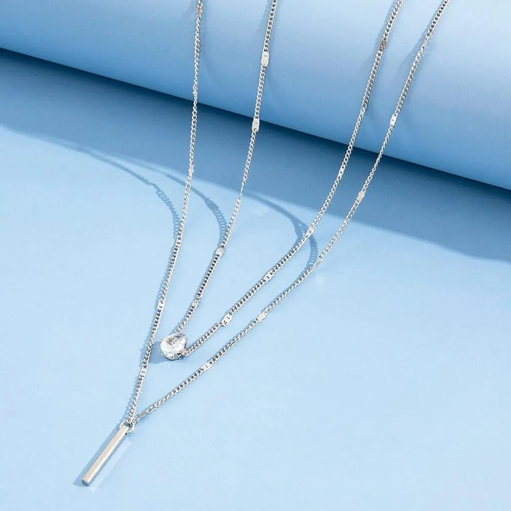 MYANAIL Double Layered Drop Shaped Crystal Pendant Necklace for Women 14k Gold Strip Bar Choker Clavicle Necklace Jewelry