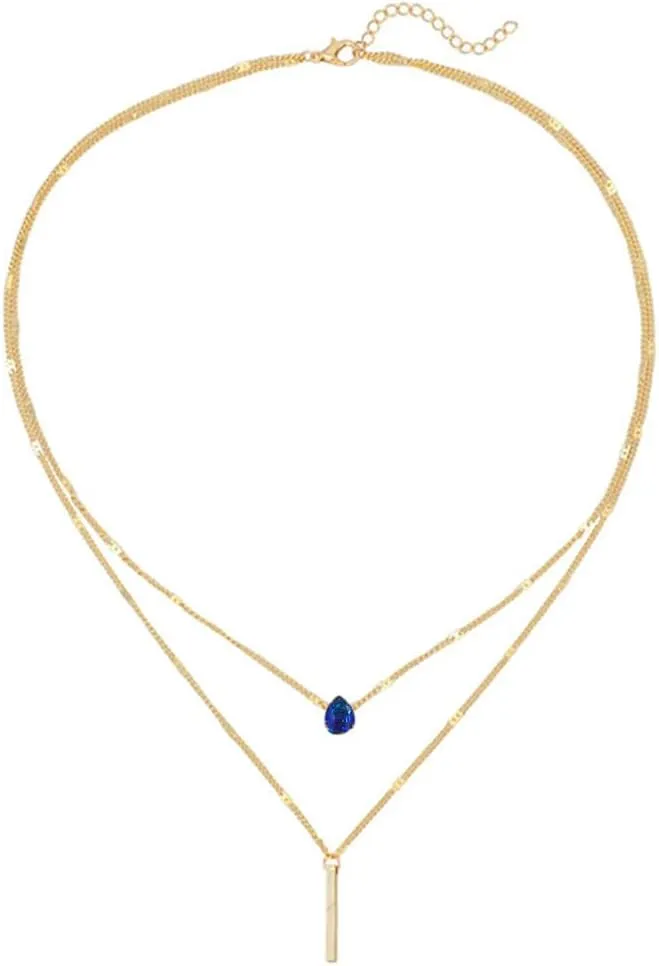 MYANAIL Double Layered Drop Shaped Crystal Pendant Necklace for Women 14k Gold Strip Bar Choker Clavicle Necklace Jewelry