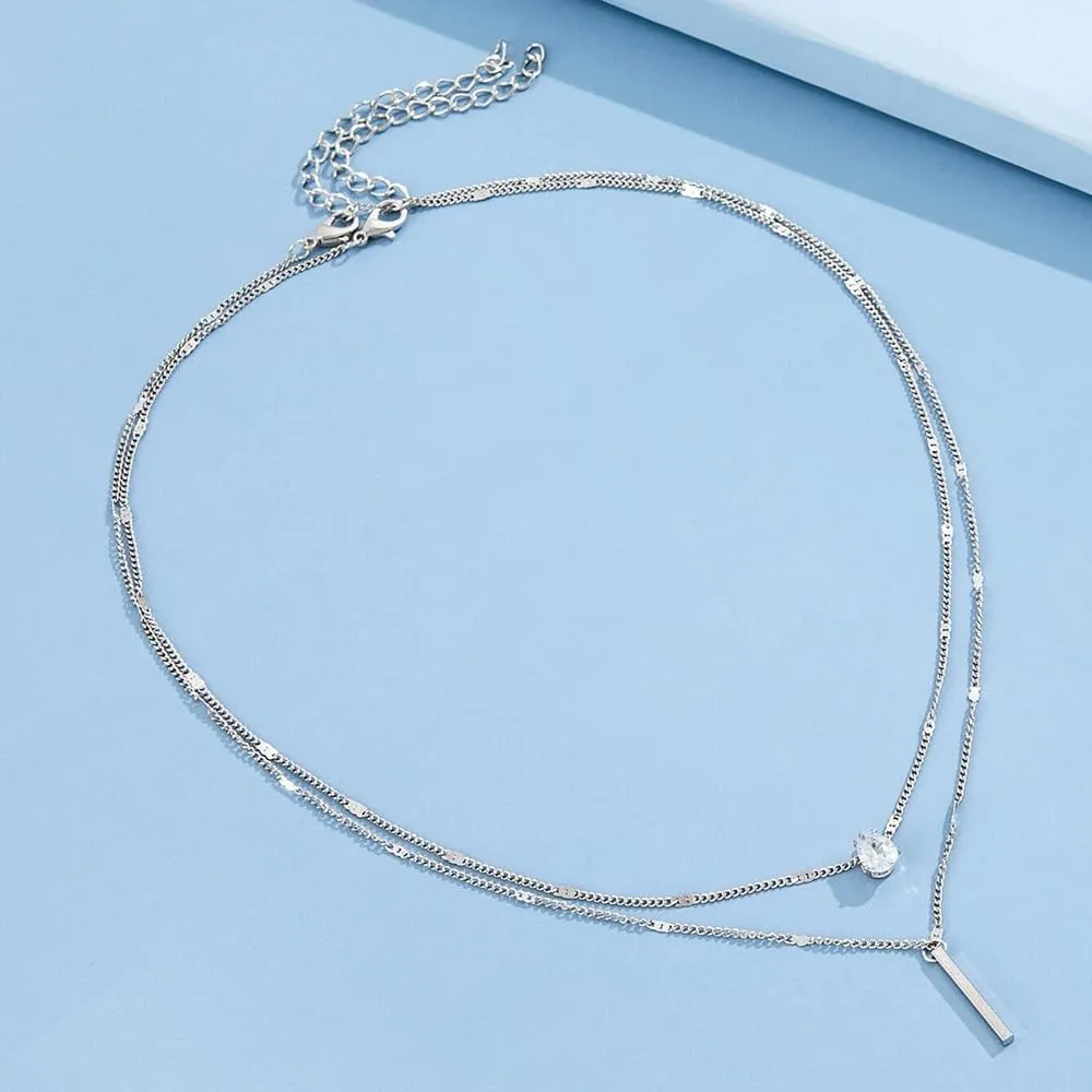 MYANAIL Double Layered Drop Shaped Crystal Pendant Necklace for Women 14k Gold Strip Bar Choker Clavicle Necklace Jewelry