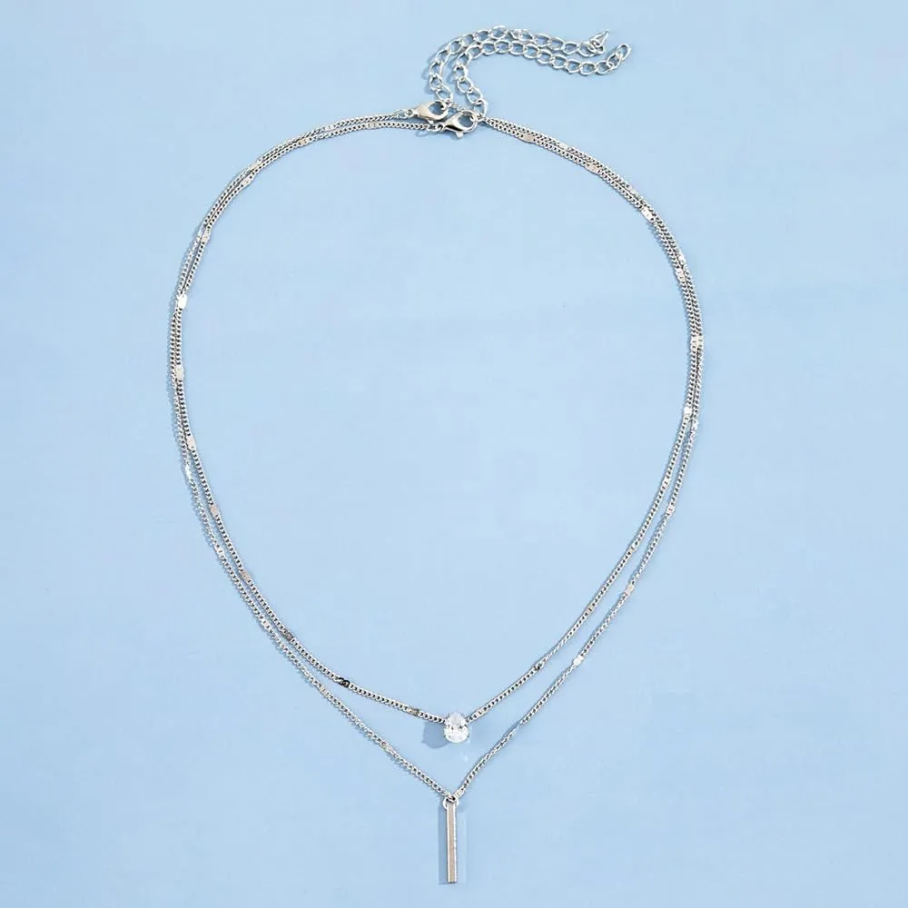 MYANAIL Double Layered Drop Shaped Crystal Pendant Necklace for Women 14k Gold Strip Bar Choker Clavicle Necklace Jewelry