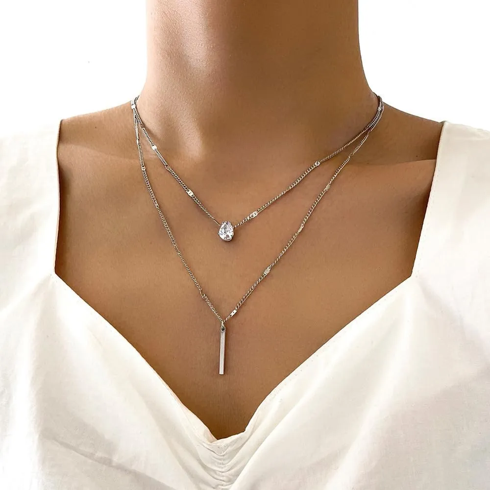 MYANAIL Double Layered Drop Shaped Crystal Pendant Necklace for Women 14k Gold Strip Bar Choker Clavicle Necklace Jewelry