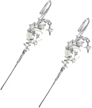 MYTH OF THE MOON Ear Hook Needle Piercing Earrin, Star Moon Ear Wrap Crawler Hook Earrings,Creative Star Moon Earrings (1pair * Silver)