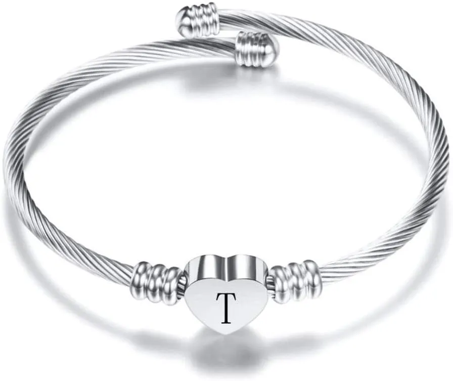Name Initial Bangle Bracelets Women for Women Letter Silver Bangle Family Christmas Love Gifts for Sister Mom Aunt Daughter Auntie Cousin Grandma Day Alphabet A-Z