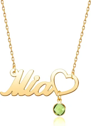 Name Necklace Personalized with Heart Birthstone Custom Jewelry Gold Name Plate Customized Gifts for Women