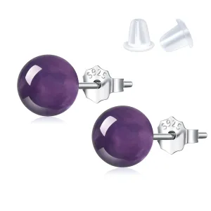 Natural Amethyst Earrings Sterling Silver - 6mm Amethyst Gemstone Stud Earrings, Purple Healing Crystal Earrings Handmade Birthstone Jewelry Valentine's Day Gifts for Her