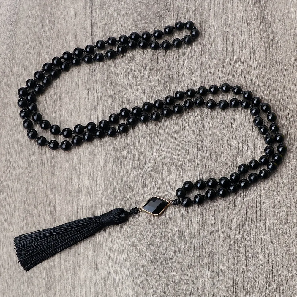 Natural Black Onyx Stone Beads Necklaces 8mm Couple Natural Stone Charm Necklaces Women