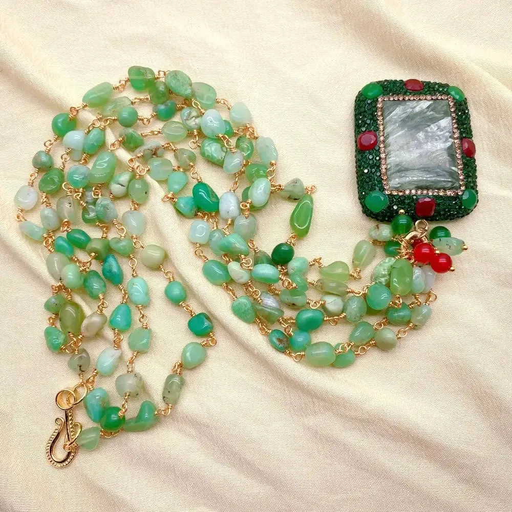 Natural Green gemstone Chrysoprase & Seraphinite Rosary Necklace