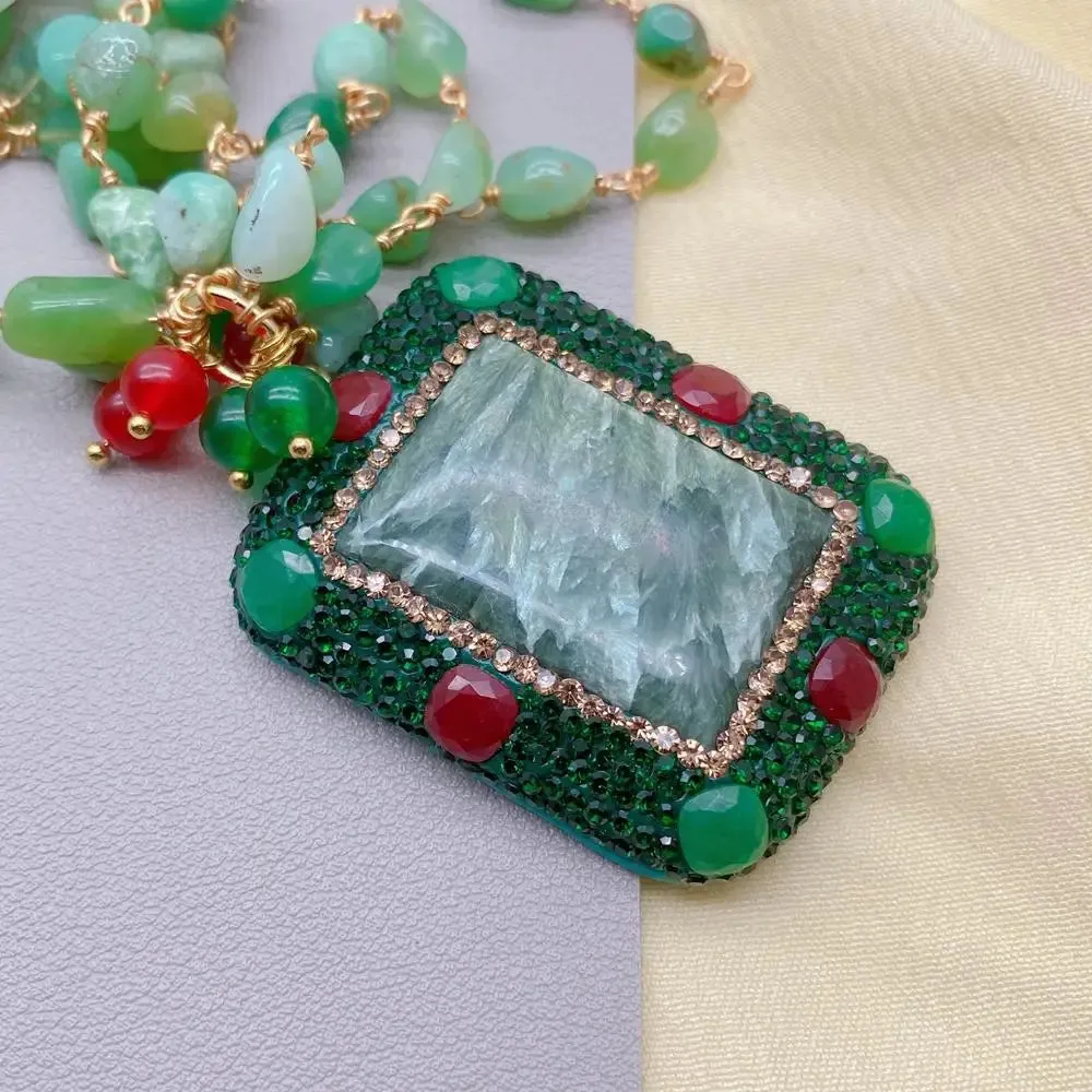 Natural Green gemstone Chrysoprase & Seraphinite Rosary Necklace