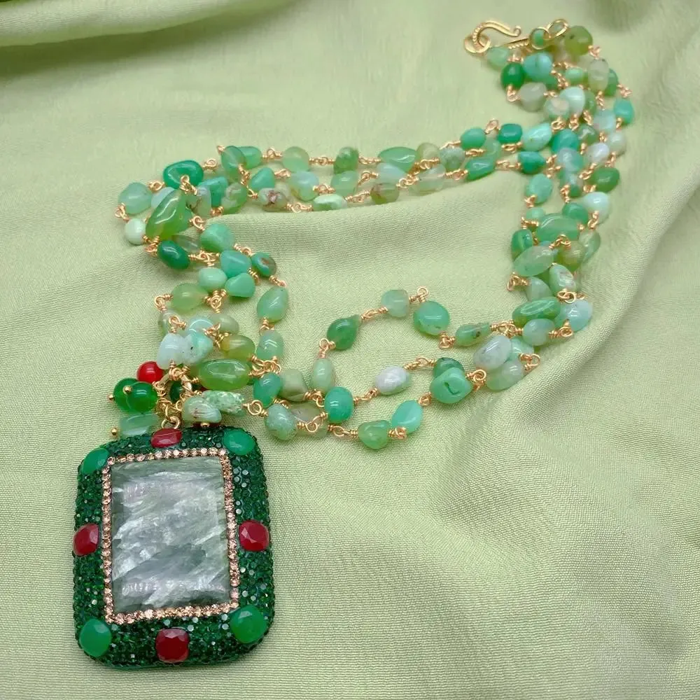 Natural Green gemstone Chrysoprase & Seraphinite Rosary Necklace