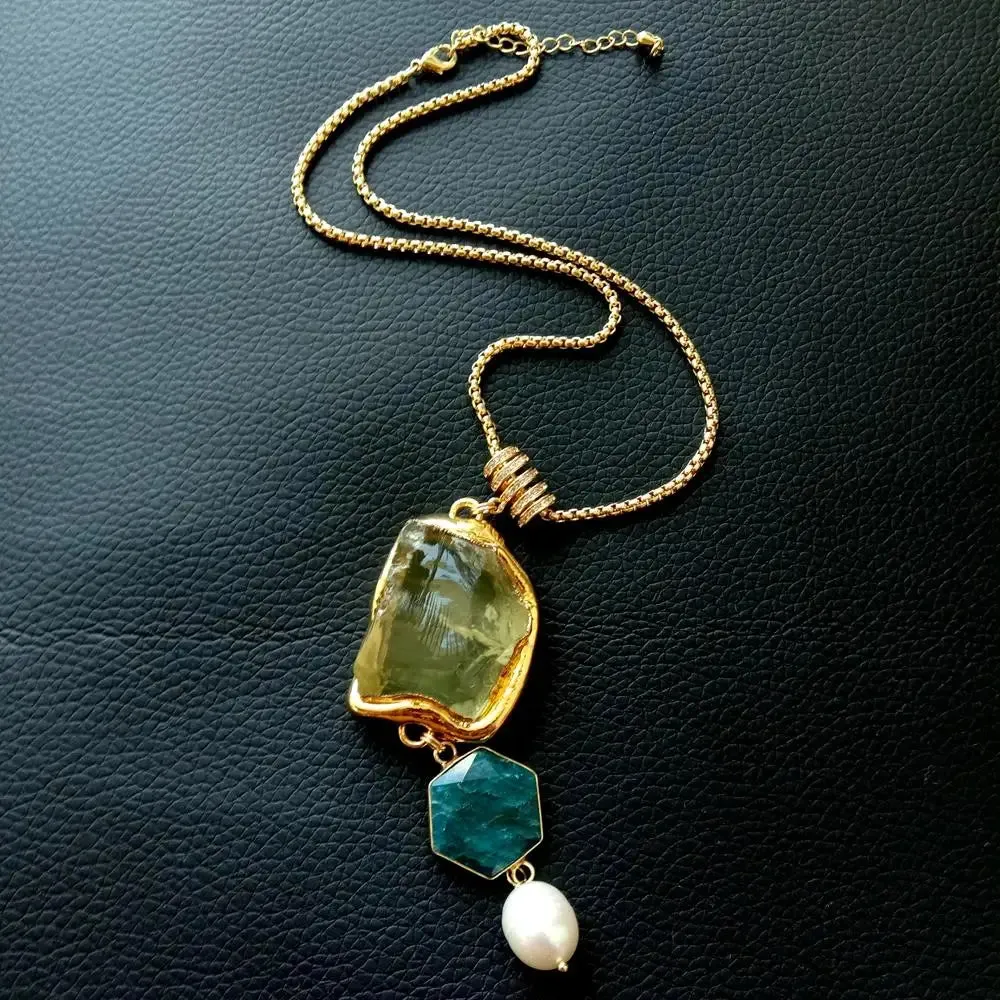 Natural Lemon Quartz & Blue Apatite Gemstone and Keshi Pearl Necklace