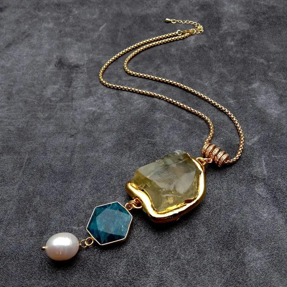 Natural Lemon Quartz & Blue Apatite Gemstone and Keshi Pearl Necklace