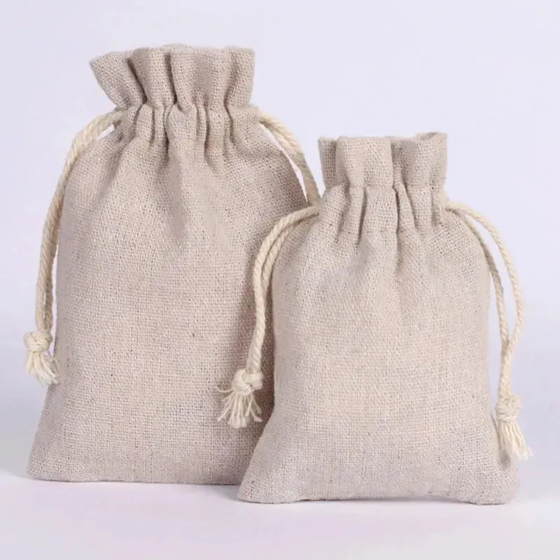 Natural Linen Ribbon Gift Bags 8x11cm 9x12cm 10x15cm 13x17cm 50pcs/Lot Jute Drawstring Dust Sack Jewelry Pouch