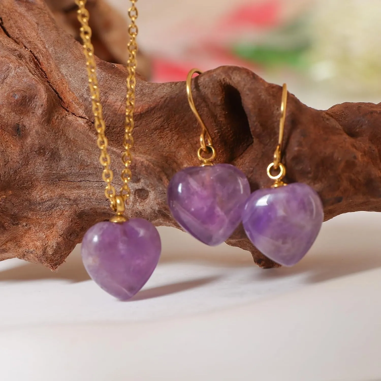 Natural Stone Necklace and Earrings Set for Women 18K Gold Plated Real Gemstone Healing Jewelry Set Gift for Mother Wife
