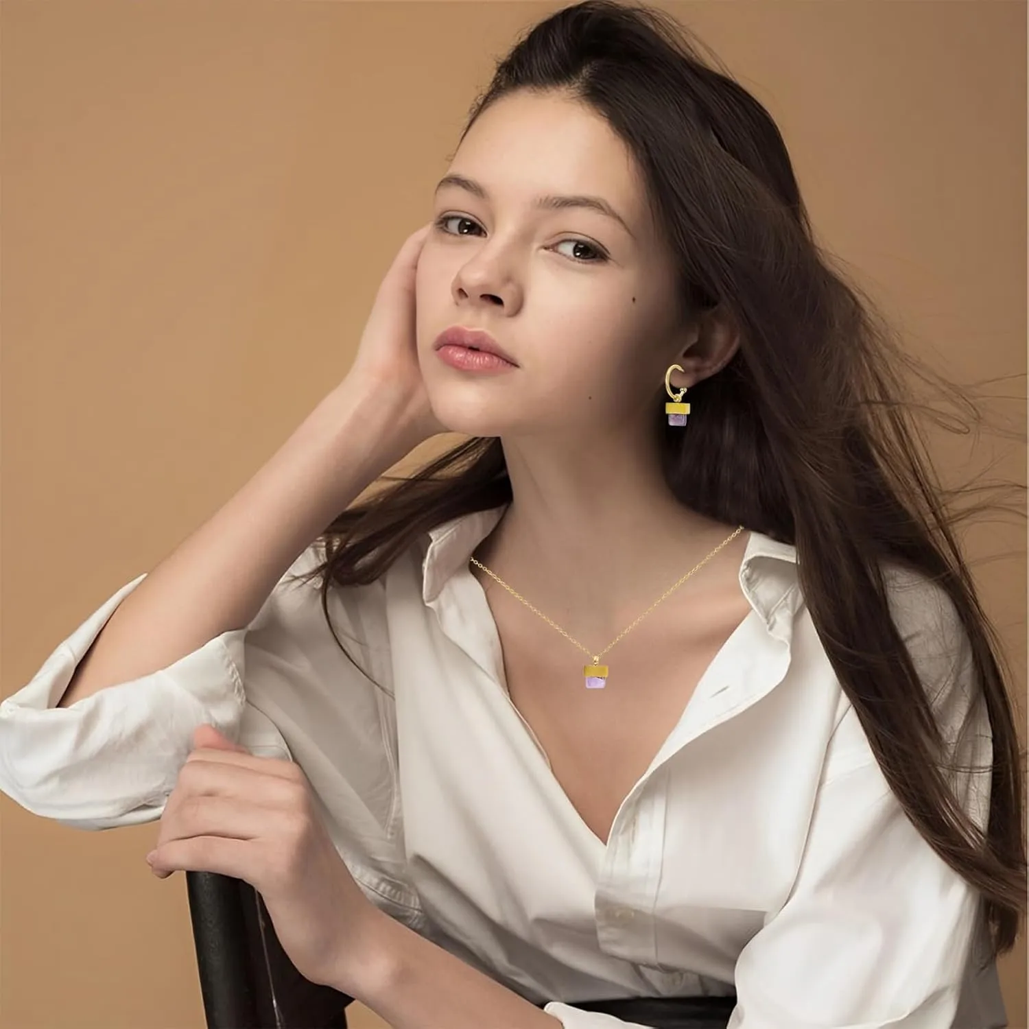 Natural Stone Necklace and Earrings Set for Women 18K Gold Plated Real Gemstone Healing Jewelry Set Gift for Mother Wife