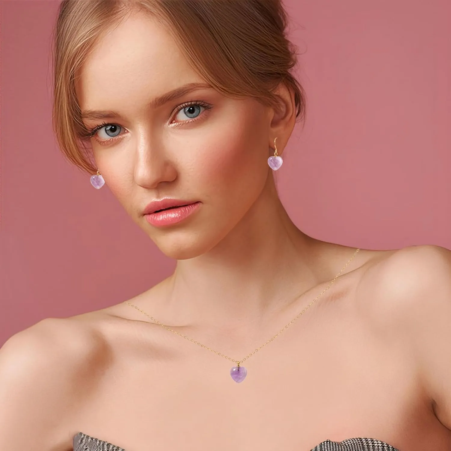 Natural Stone Necklace and Earrings Set for Women 18K Gold Plated Real Gemstone Healing Jewelry Set Gift for Mother Wife