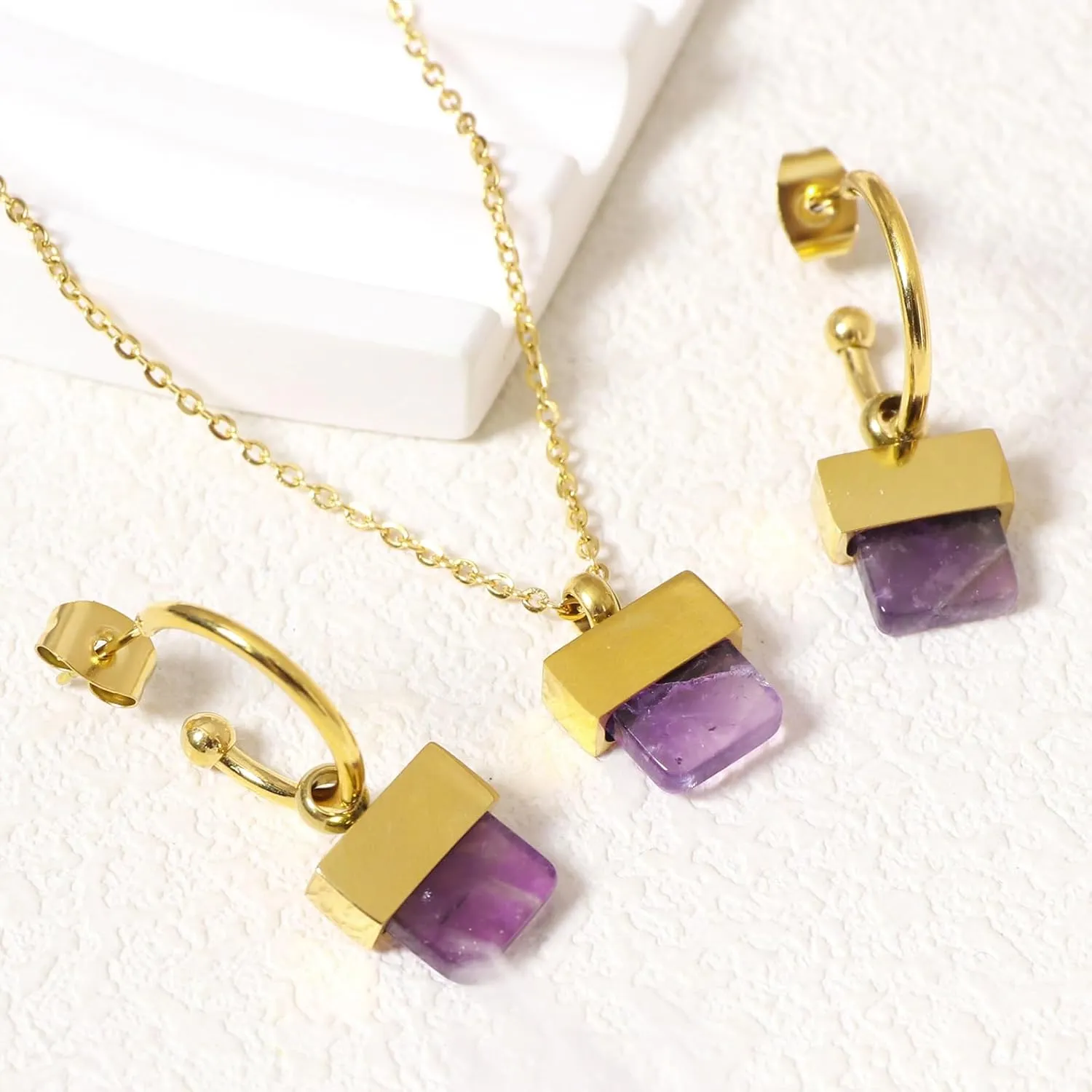 Natural Stone Necklace and Earrings Set for Women 18K Gold Plated Real Gemstone Healing Jewelry Set Gift for Mother Wife