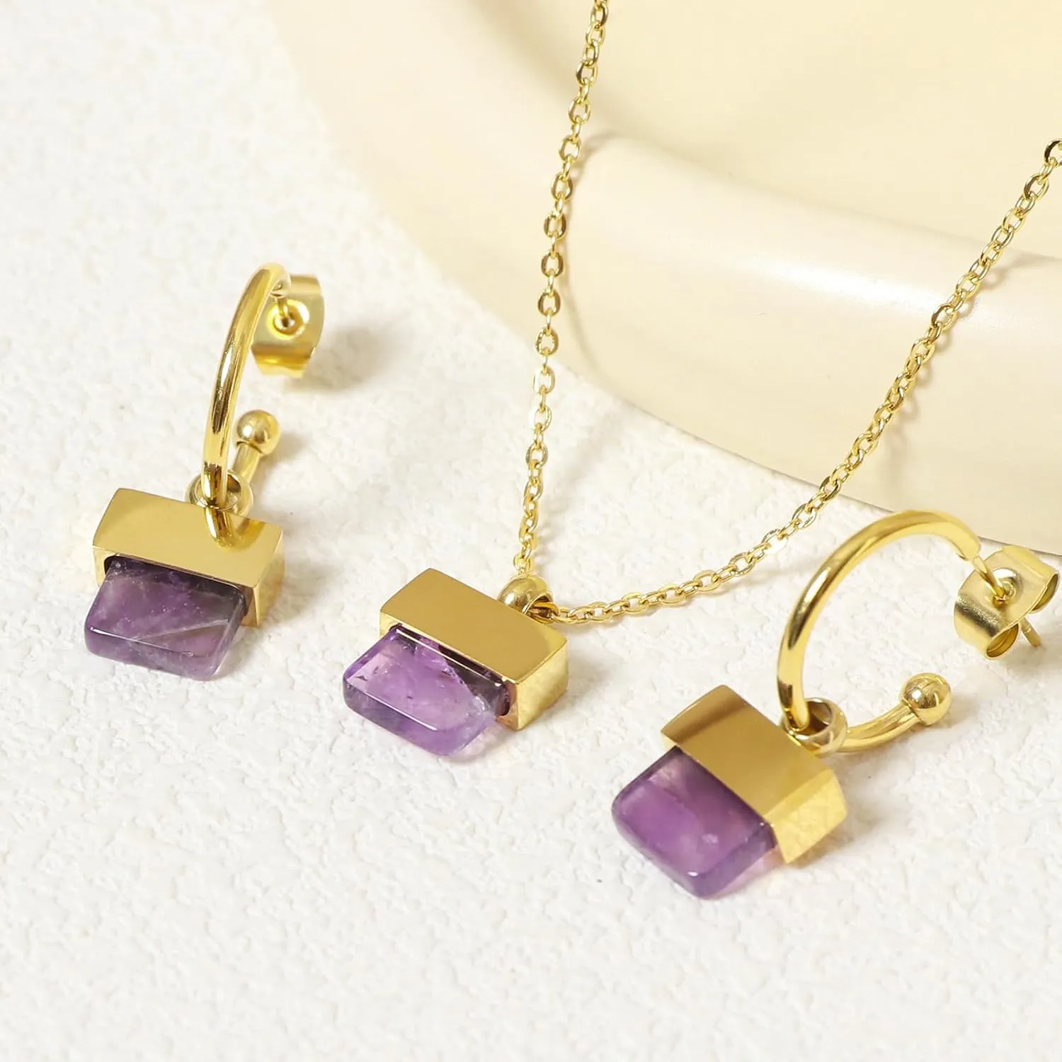 Natural Stone Necklace and Earrings Set for Women 18K Gold Plated Real Gemstone Healing Jewelry Set Gift for Mother Wife