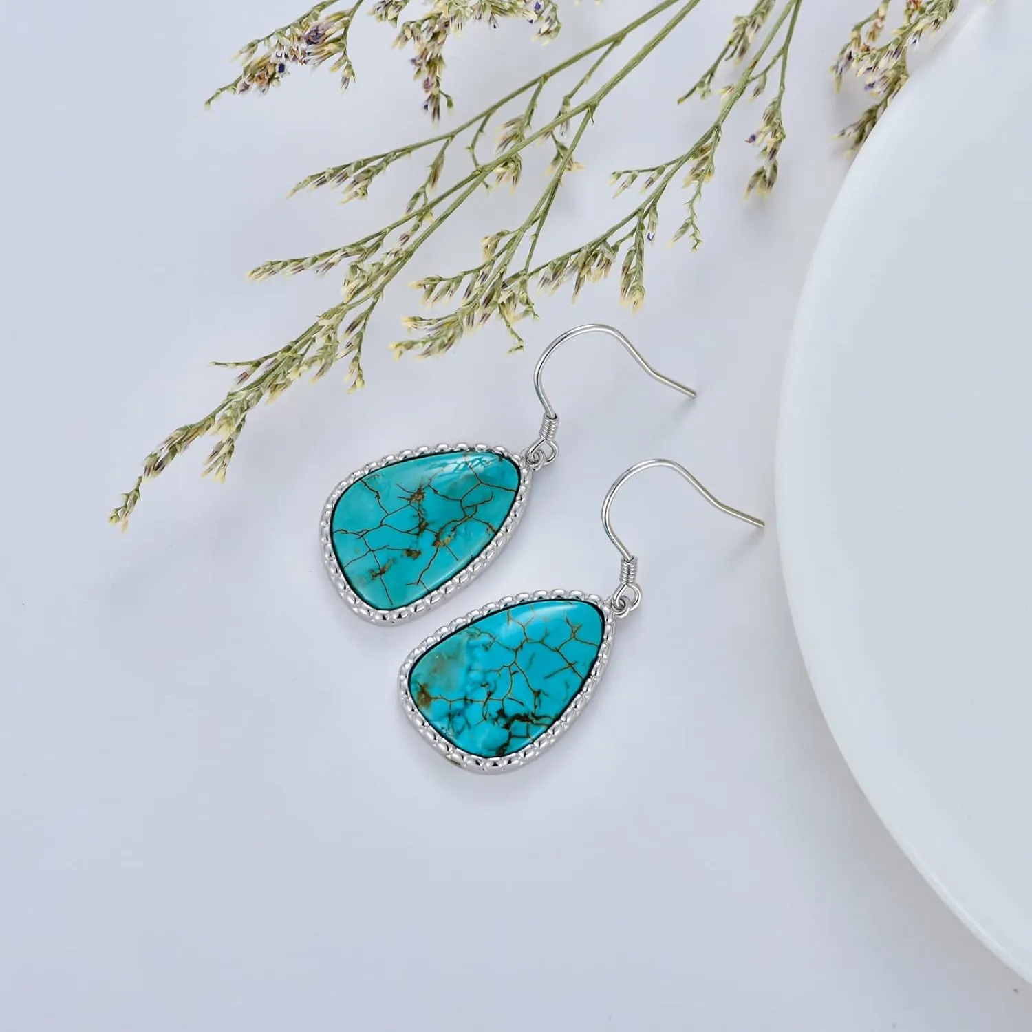 Natural Turquoise Earrings 925 Sterling Silver Geometric Shape Turquoise Earrings for Women Statement Fashion Dangle Earring for Birthday Mothers Day