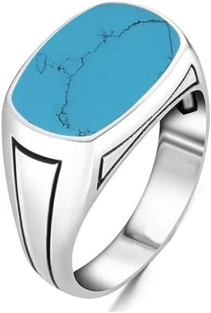 Natural Turquoise Ring Vintage 925 Sterling Silver Handmade Gemstone Signet Ring for Men Statement Gift for Him Men's Turquoise Band
