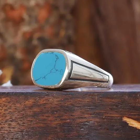 Natural Turquoise Ring Vintage 925 Sterling Silver Handmade Gemstone Signet Ring for Men Statement Gift for Him Men's Turquoise Band