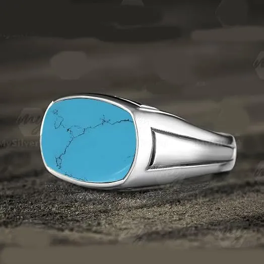 Natural Turquoise Ring Vintage 925 Sterling Silver Handmade Gemstone Signet Ring for Men Statement Gift for Him Men's Turquoise Band