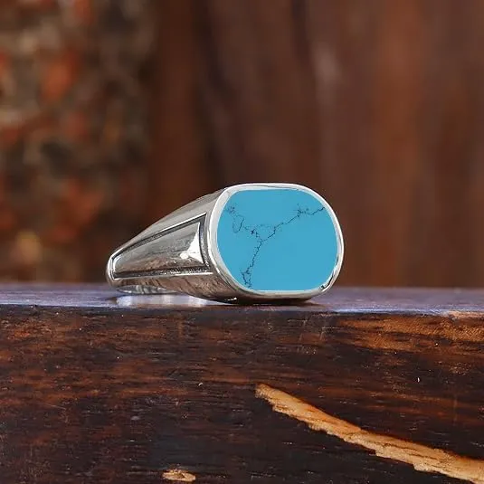 Natural Turquoise Ring Vintage 925 Sterling Silver Handmade Gemstone Signet Ring for Men Statement Gift for Him Men's Turquoise Band