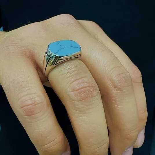 Natural Turquoise Ring Vintage 925 Sterling Silver Handmade Gemstone Signet Ring for Men Statement Gift for Him Men's Turquoise Band