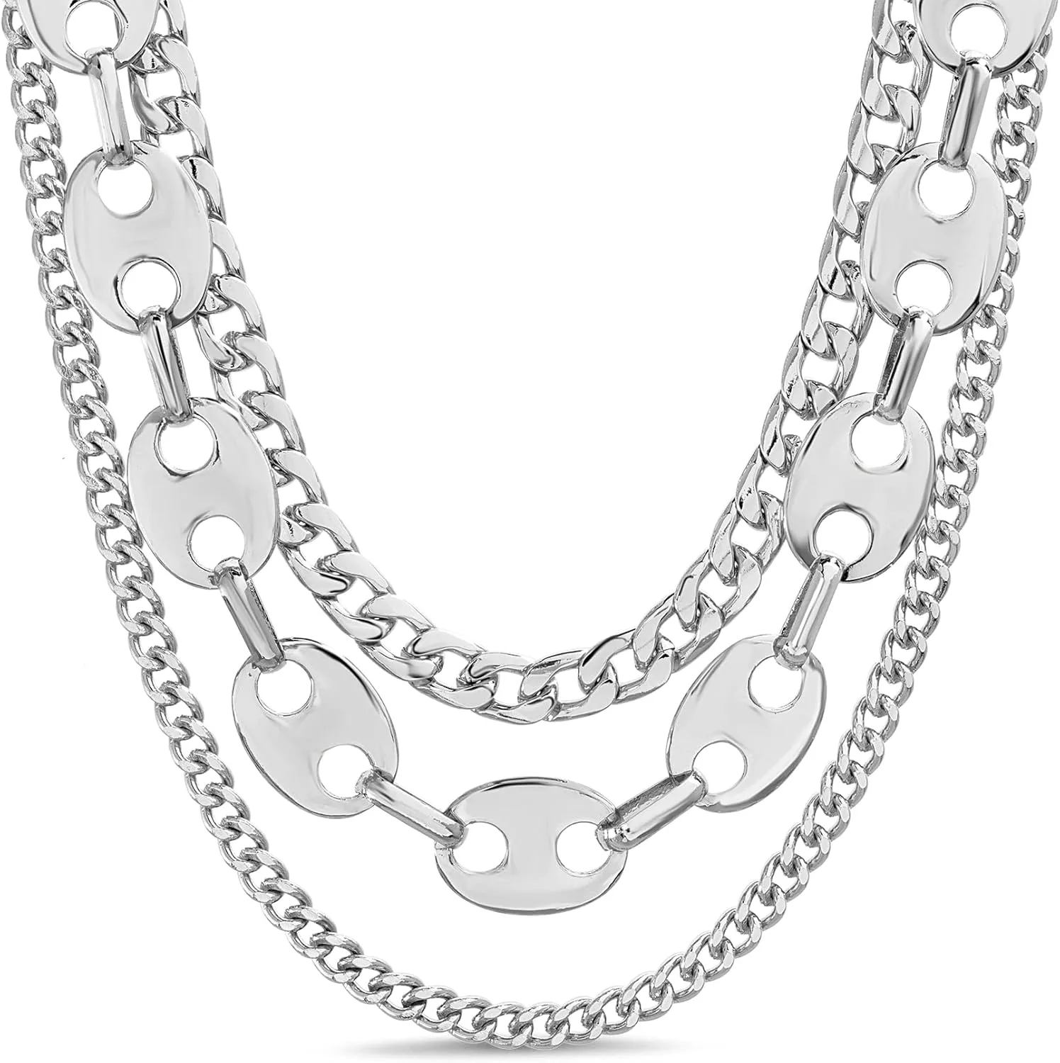 Nautica 14K Gold Plated Brass Necklace - Three Row Layered Statement Chain Necklace for Women, Classic White