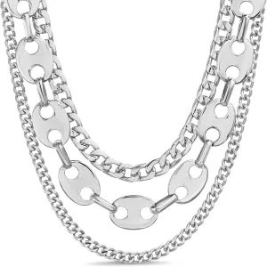 Nautica 14K Gold Plated Brass Necklace - Three Row Layered Statement Chain Necklace for Women, Classic White