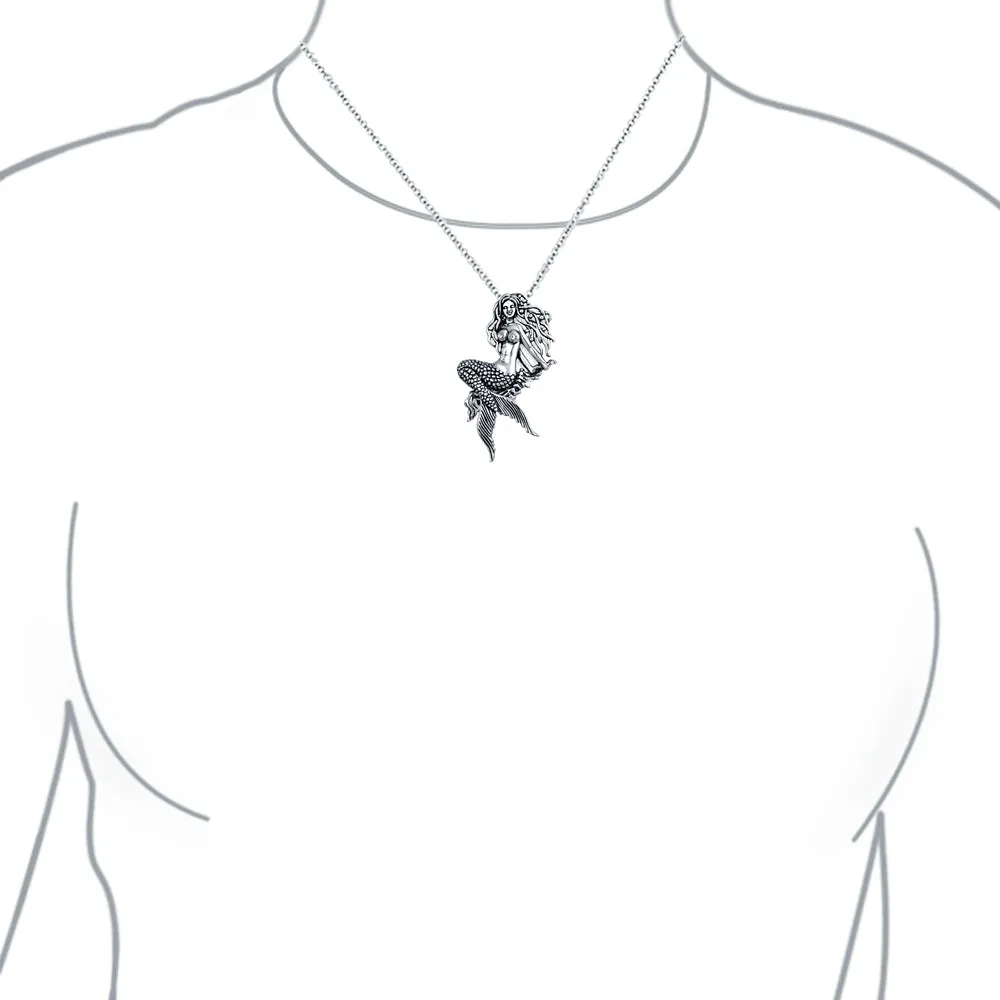 Nautical Sea Siren Mermaid Pendant Necklace in Oxidized Sterling Silver
