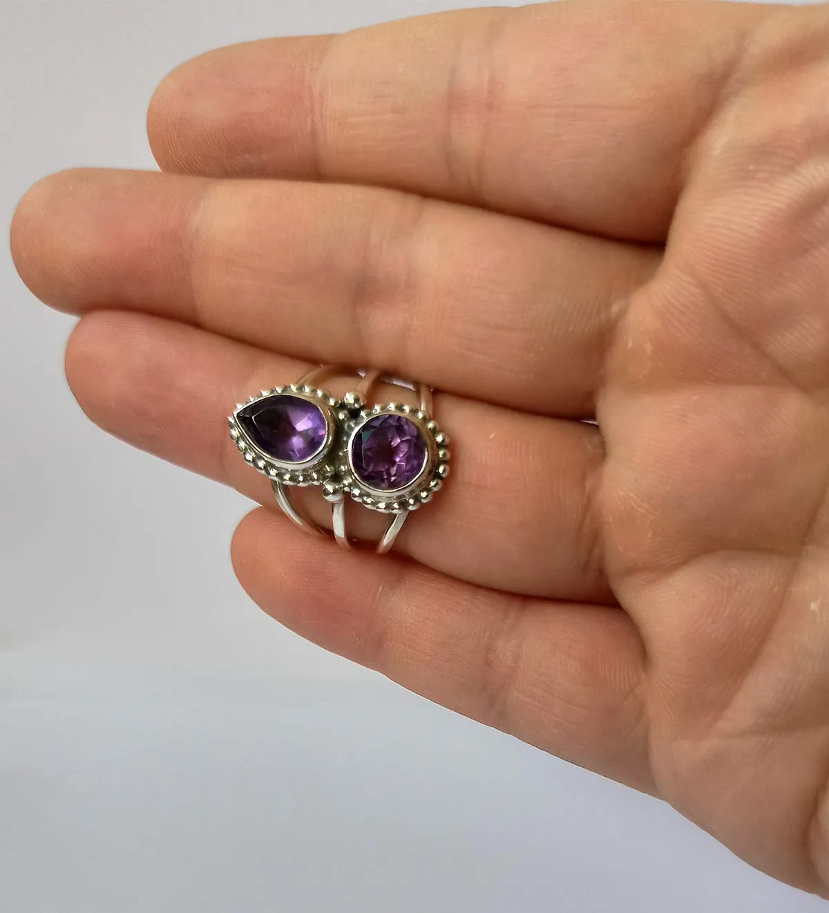 Navya Craft Amethyst Silver Ring Handmade 925 Sterling Silver Statement Promise Rings for Women, Natural Pear and Round Purple Gemstone Boho Jewelry February Birthstone, Gift Her Anniversary (9)
