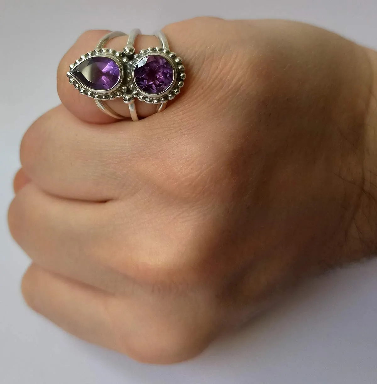 Navya Craft Amethyst Silver Ring Handmade 925 Sterling Silver Statement Promise Rings for Women, Natural Pear and Round Purple Gemstone Boho Jewelry February Birthstone, Gift Her Anniversary (9)
