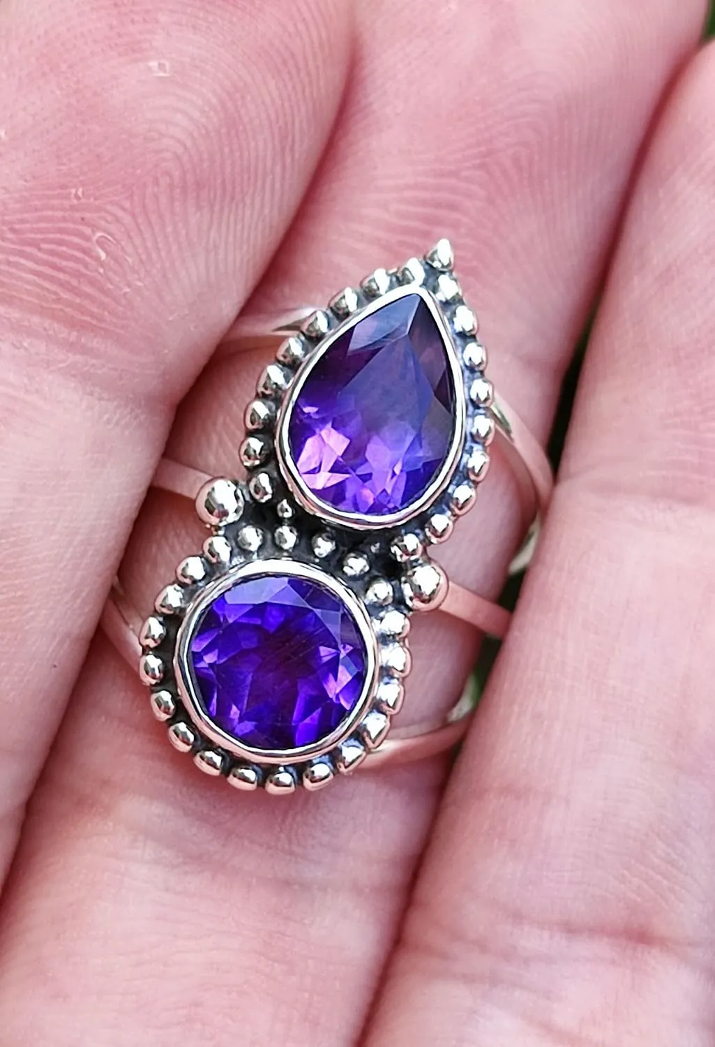 Navya Craft Amethyst Silver Ring Handmade 925 Sterling Silver Statement Promise Rings for Women, Natural Pear and Round Purple Gemstone Boho Jewelry February Birthstone, Gift Her Anniversary (9)