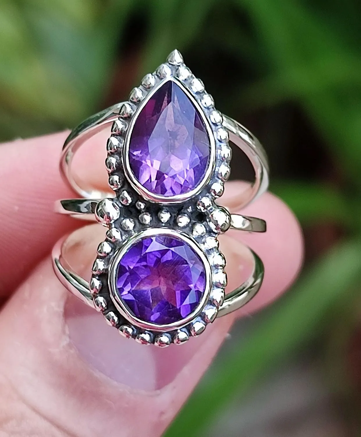Navya Craft Amethyst Silver Ring Handmade 925 Sterling Silver Statement Promise Rings for Women, Natural Pear and Round Purple Gemstone Boho Jewelry February Birthstone, Gift Her Anniversary (9)