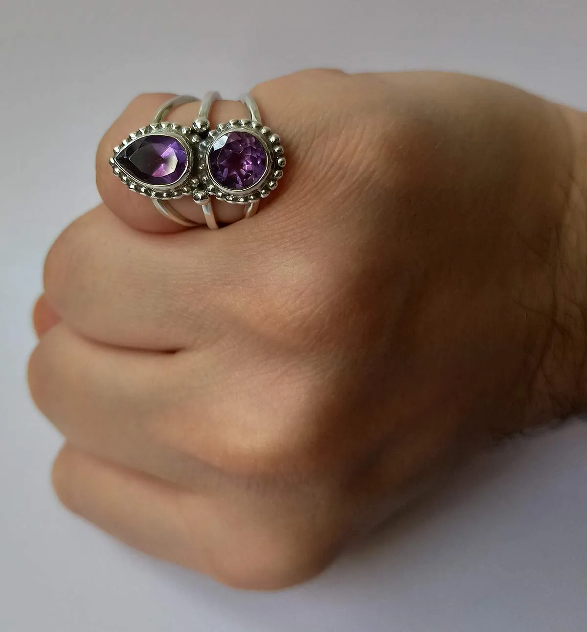 Navya Craft Amethyst Silver Ring Handmade 925 Sterling Silver Statement Promise Rings for Women, Natural Pear and Round Purple Gemstone Boho Jewelry February Birthstone, Gift Her Anniversary (9)